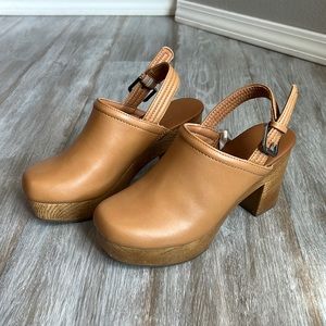 Brown / Nude Heeled Clog with Buckle Accent